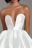 White V Neck A Line Satin Mini Graduation Dress