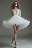 White Tulle Illusion Neck A Line Mini Graduation Dress