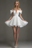 Simple White Mini A Line Off the Shoulder Graduation Dress