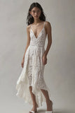 Ivory V Neck Lace High-Low Engagement Dress