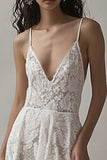Ivory V Neck Lace High-Low Engagement Dress