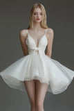 Ivory V Neck Organza Front Twist Mini A Line Graduation Dress