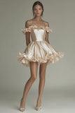 Champagne Satin Off the Shoulder Mini Graduation Dress with Ruffles