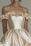 Champagne Satin Off the Shoulder Mini Graduation Dress with Ruffles