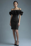 Black Satin Short Bodycon Graduation Dress with Ruffles