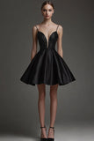 Black Satin V Neck Mini A Line Graduation Dress