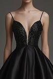Black Satin V Neck Mini A Line Graduation Dress