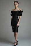 Black Satin Bodycon Midi Graduation Dress with Ruffles