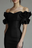 Black Satin Bodycon Midi Graduation Dress with Ruffles