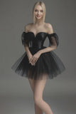 Black Off the Shoulder Tulle Mini A Line Graduation Dress