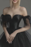 Black Off the Shoulder Tulle Mini A Line Graduation Dress