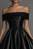 Simple Black A Line Off the Shoulder Satin Maxi Formal Dress