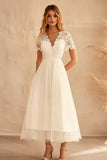 Ivory Tulle V Neck A Line Maxi Engagement Dress with Lace