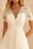 Ivory Tulle V Neck A Line Maxi Engagement Dress with Lace