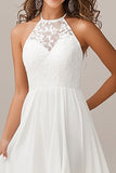 White A Line Asymmetrical Engagement Dress with Lace