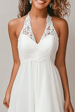 White Halter Chiffon High-Low Engagement Dress with Lace