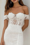 White Lace Maxi Mermaid Engagement Dress with Slit