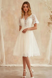 Ivory A Line V Neck Midi Graduation Dress with Lace