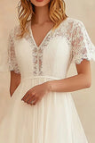 Ivory A Line V Neck Midi Graduation Dress with Lace