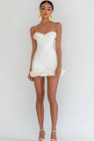 Ivory Satin Bodycon Mini Graduation Dress with Ruffles