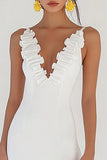 White V Neck Bodycon Mini Graduation Dress with Ruffles