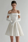 White Satin Off the Shoulder Mini A Line Graduation Dress