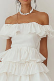 White Tiered Mini A Line Graduation Dress with Ruffles