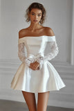 White Off the Shoulder A Line Mini Graduation Dress with Lace
