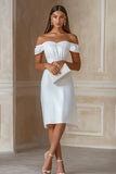 White Off the Shoulder Sheath Ruched Midi Graduation Dress