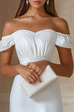 White Off the Shoulder Sheath Ruched Midi Graduation Dress