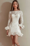 Ivory Lace Bateau Neck Bodycon Mini Graduation Dress with Ruffles