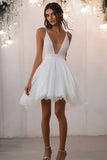 Tulle White V Neck A Line Mini Graduation Dress with Lace
