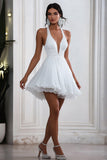 White V Neck A Line Mini Graduation Dress with Pleats