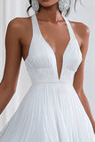 White V Neck A Line Mini Graduation Dress with Pleats
