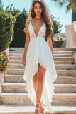White V Neck Chiffon High-Low A Line Engagement Dress with Lace