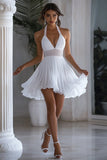 White Halter A Line Mini Graduation Dress with Ruffles