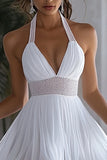 White Halter A Line Mini Graduation Dress with Ruffles