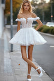 White Off the Shoulder A Line Mini Graduation Dress with Lace