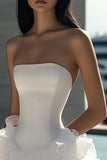 A Line Strapless White Satin Mini Graduation Dress with Ruffles