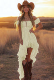 Sky Blue Asymmetrical A Line Off the Shoulder Boho Dress with Ruffles
