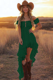 White A Line Off the Shoulder Asymmetrical Boho Dress with Ruffles