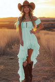 Sky Blue Asymmetrical A Line Off the Shoulder Boho Dress with Ruffles