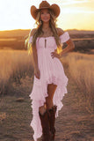 Sky Blue Asymmetrical A Line Off the Shoulder Boho Dress with Ruffles
