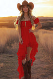 Sky Blue Asymmetrical A Line Off the Shoulder Boho Dress with Ruffles