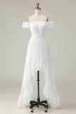 White A Line Off the Shoulder Asymmetrical Boho Dress with Ruffles