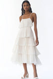 Spaghetti Straps A Line Tiered White Midi Rehearsal Dinner Dress