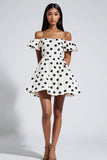 A Line White Polka Dots Off the Shoulder Short Graduation Dress