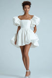 White A Line Puff Sleeves Satin Short Graduation Dress