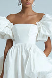 White A Line Puff Sleeves Satin Short Graduation Dress