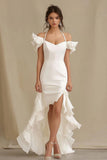 Ivory Sheath Halter High-Low Rehearsal Dinner Dress with Ruffles